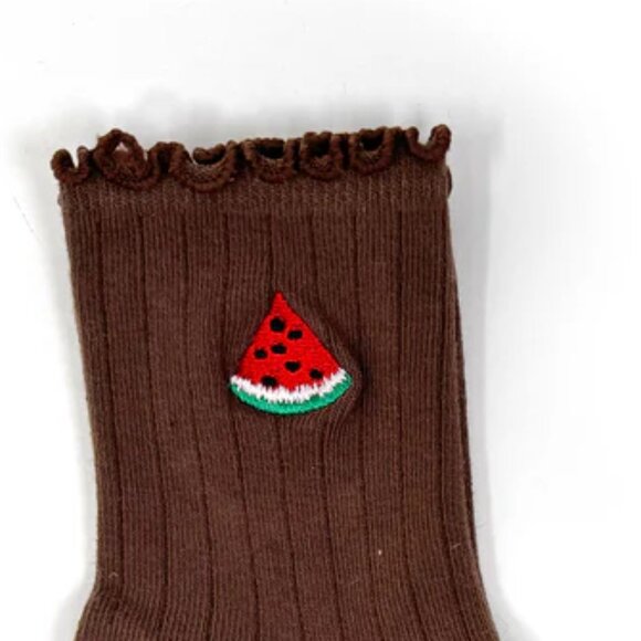 NWT Summer Picnic Brown Watermelon Embroidered Ruffle Socks - Picture 2 of 5